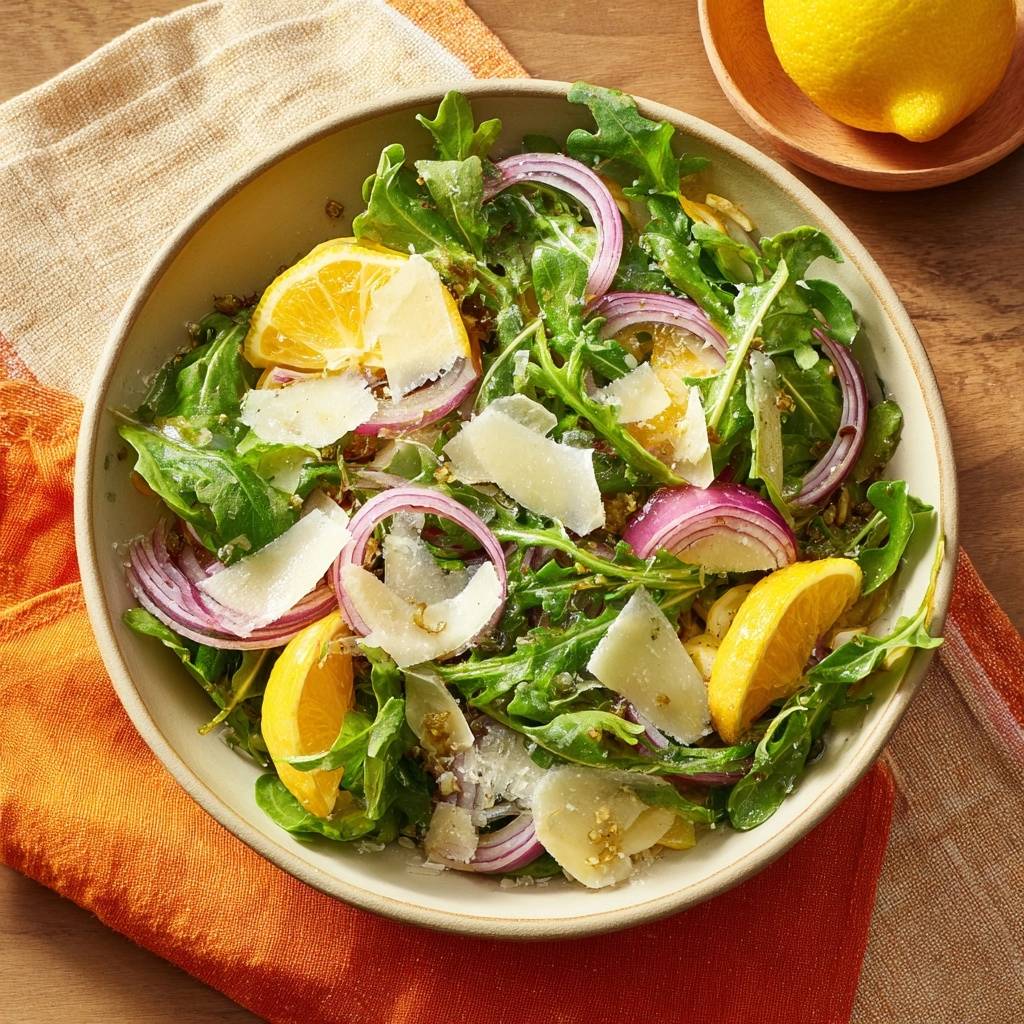 Lemony arugula parmesan salad with quick-pickled onions shown in an overhead view within a rustic bowl.