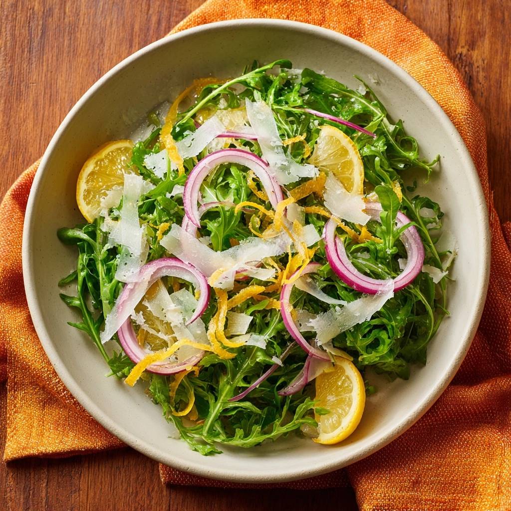 Lemony arugula parmesan salad with quick-pickled onions shown in an overhead view in a light-colored bowl.