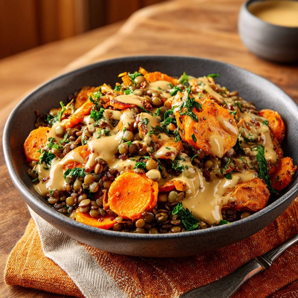 Flavor-packed lentil & caramelized carrot bowl with a creamy tahini sauce drizzled over the top.