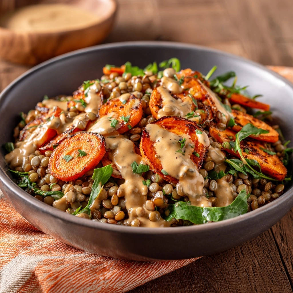 Flavor-packed lentil &amp; caramelized carrot bowl generously drizzled with creamy dressing, showcasing fresh greens.