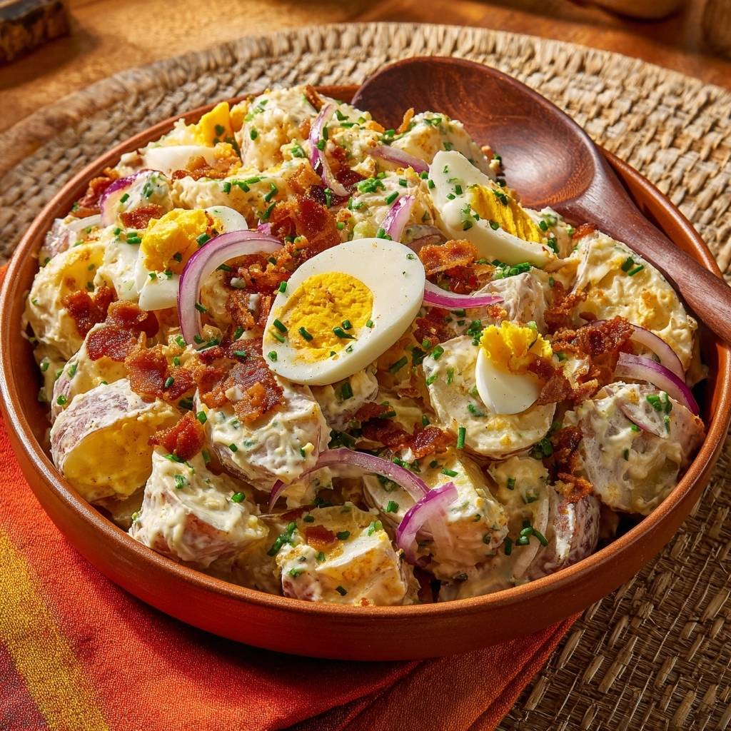 Loaded bacon egg potato salad presented in a rustic bowl, showcasing a close-up view of its creamy texture and hearty toppings.