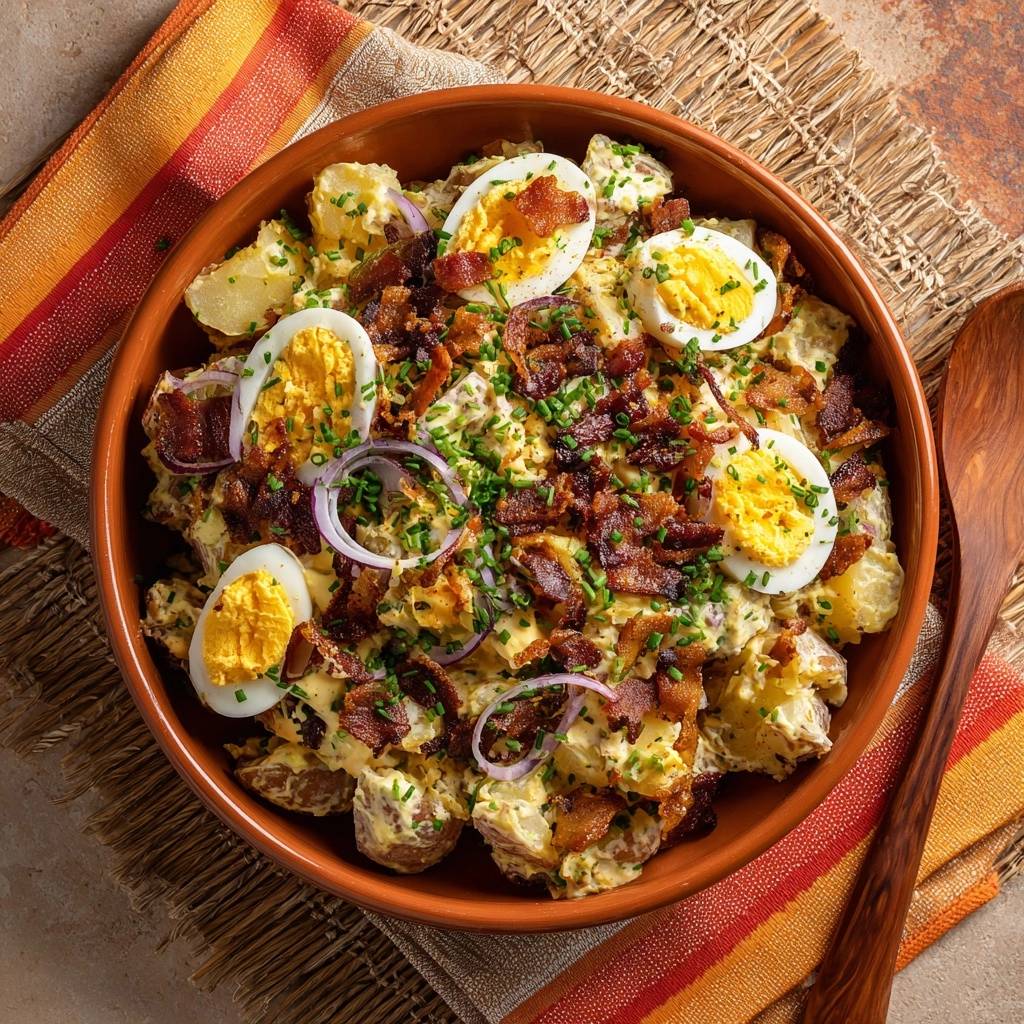 Loaded Bacon Egg Potato Salad served in a brown bowl, garnished with bacon, eggs, and chives.