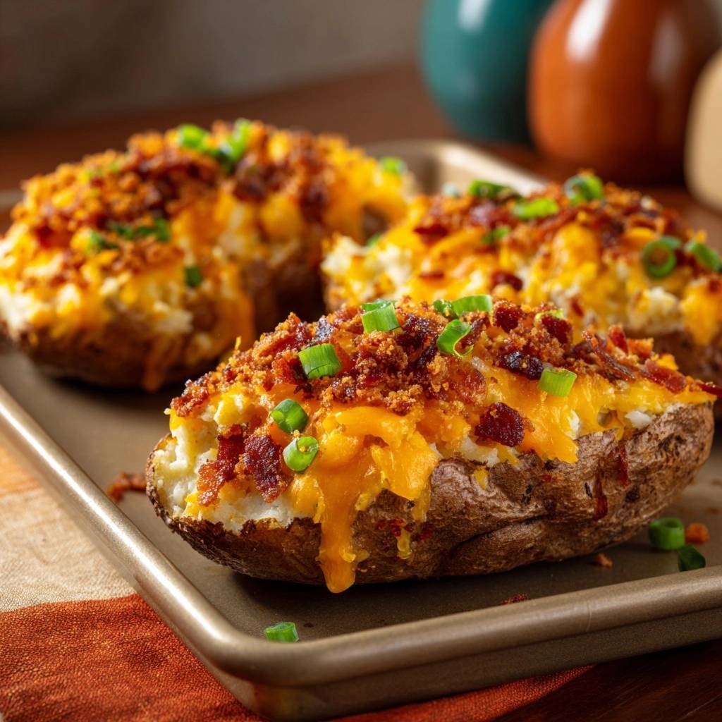 Loaded baked potatoes showing a golden, cheesy topping with bacon and chives on a baking sheet.