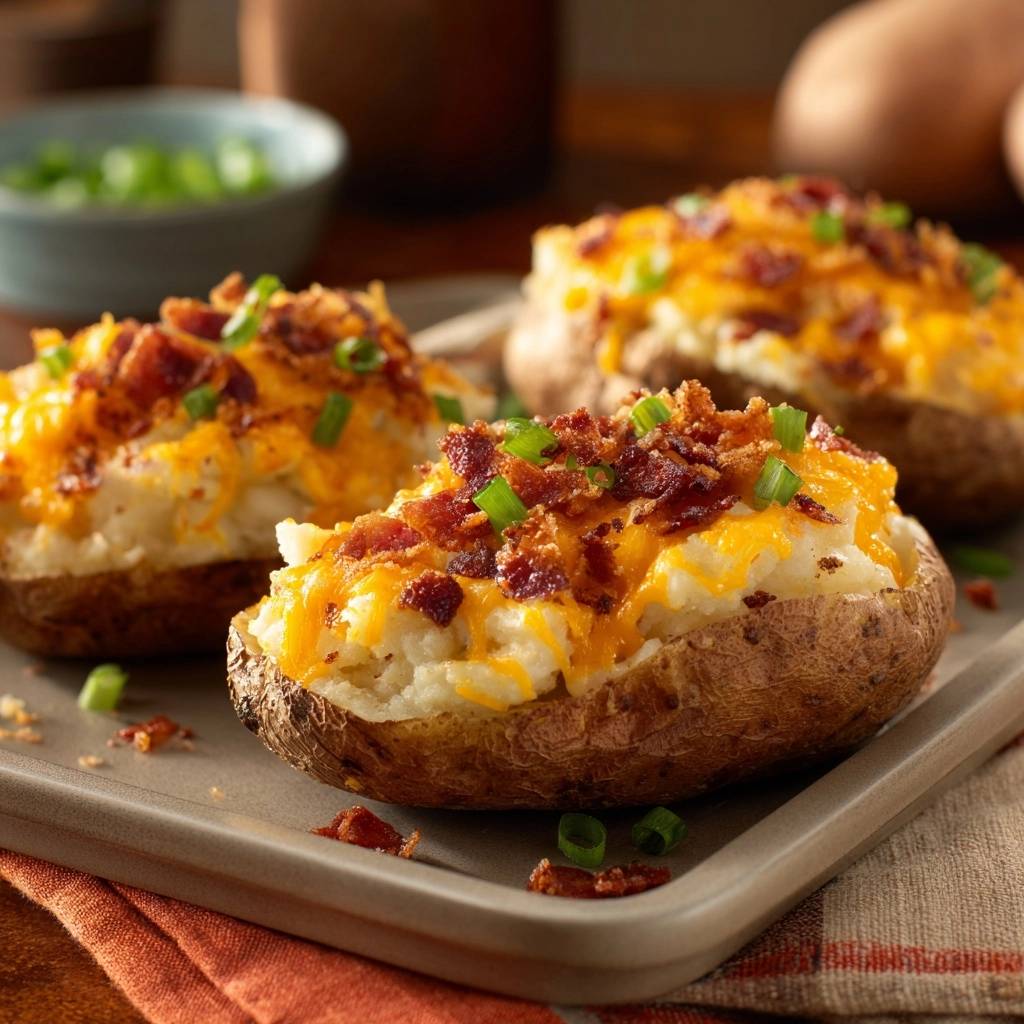 Loaded baked potatoes with melted cheese, crispy bacon, and chopped chives, presented in a close-up view of the toppings.