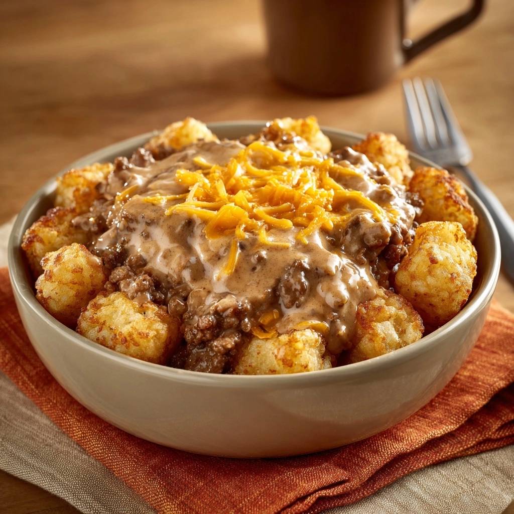 Loaded beef tater tots topped with cheesy gravy, showcasing a close-up view of the savory ingredients.