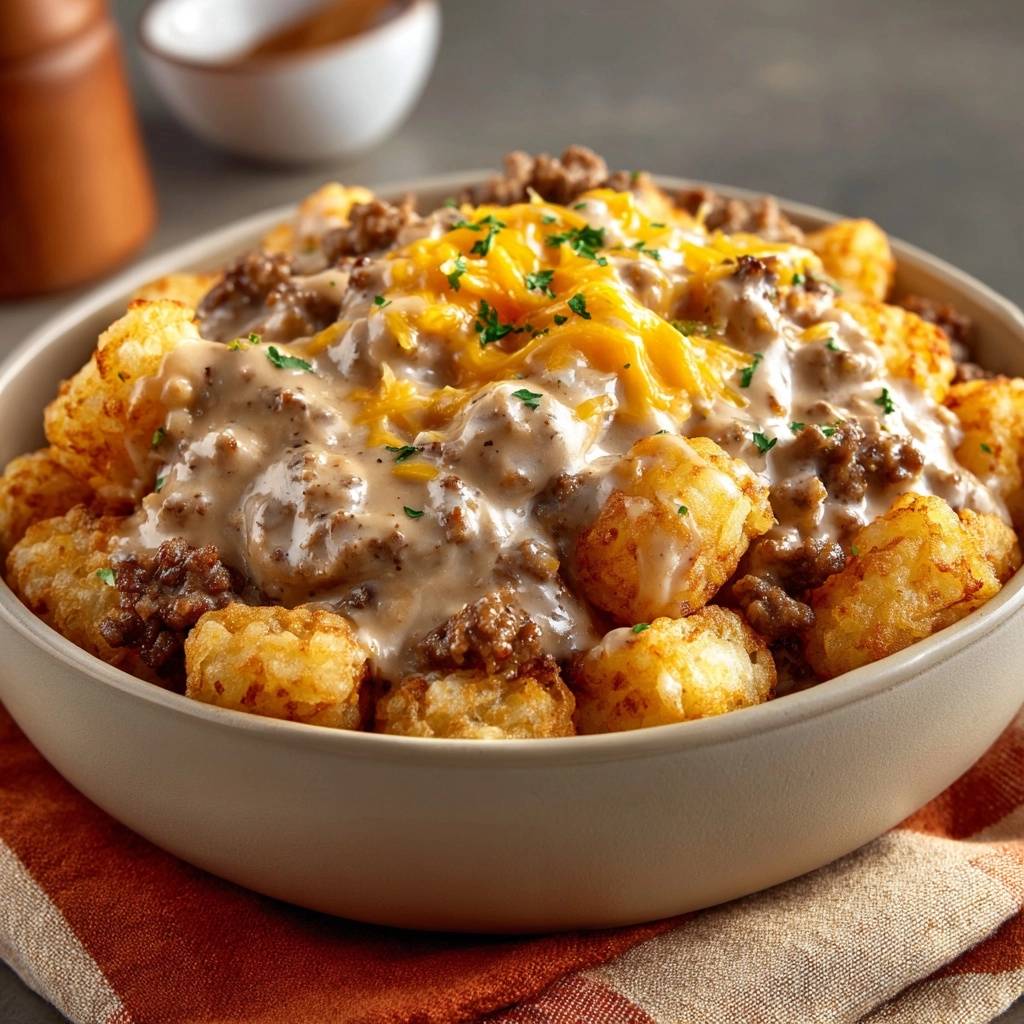 Loaded beef tater tots served in a bowl, showing a close-up view of the cheesy topping and crispy potato bites.