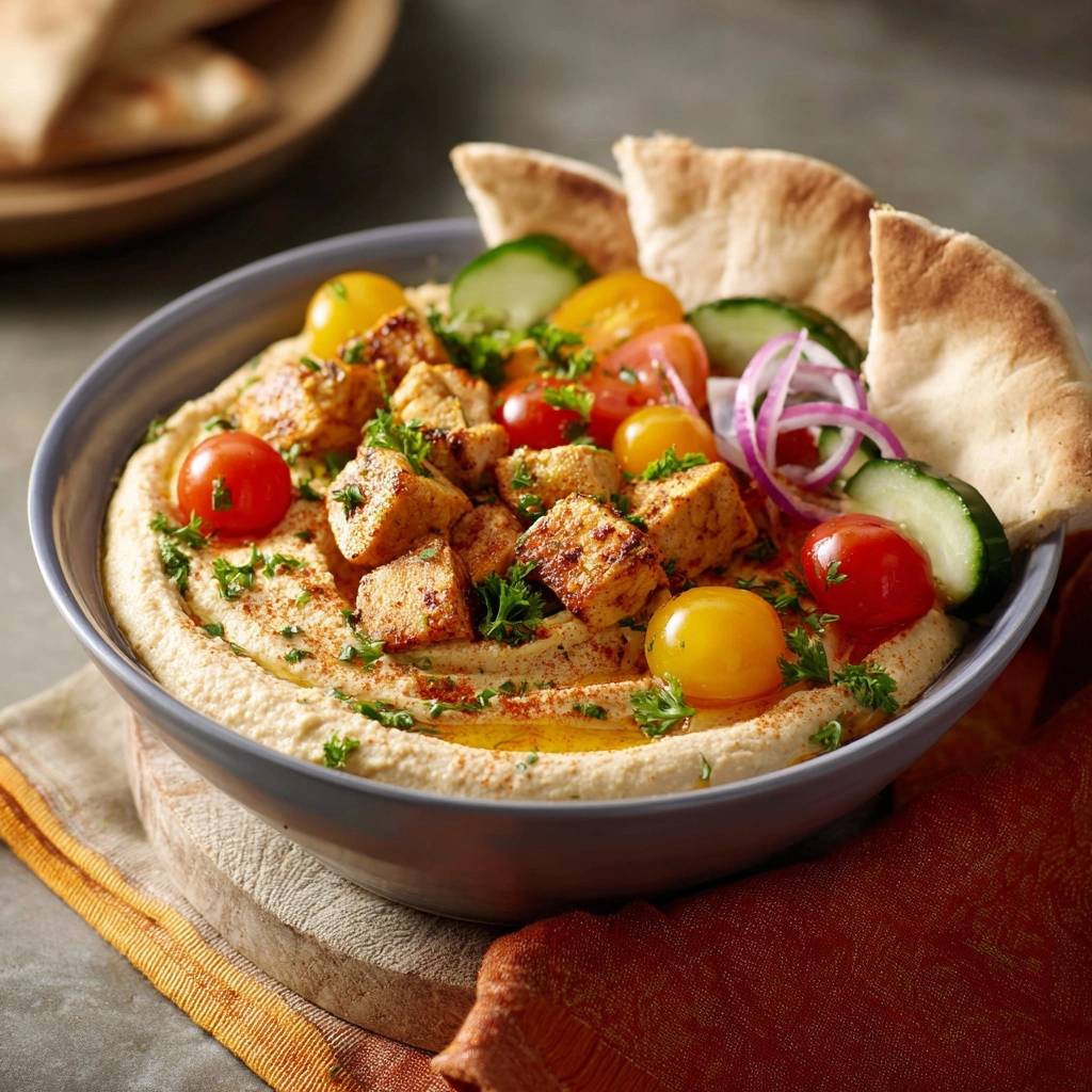 Loaded hummus with crispy spiced tofu, served in a bowl topped with cherry tomatoes, cucumber, and pita bread.