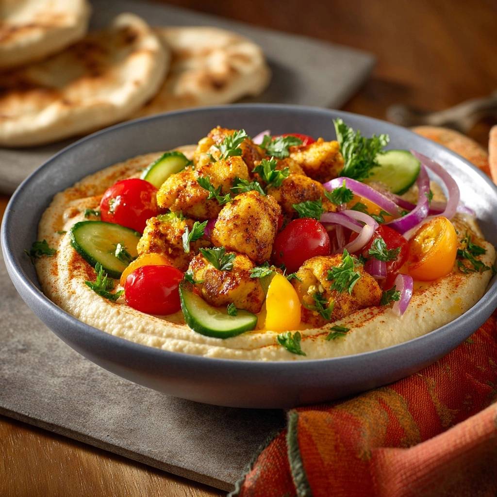 Loaded hummus with crispy spiced tofu served in a bowl with fresh vegetables and herbs, a close-up view.