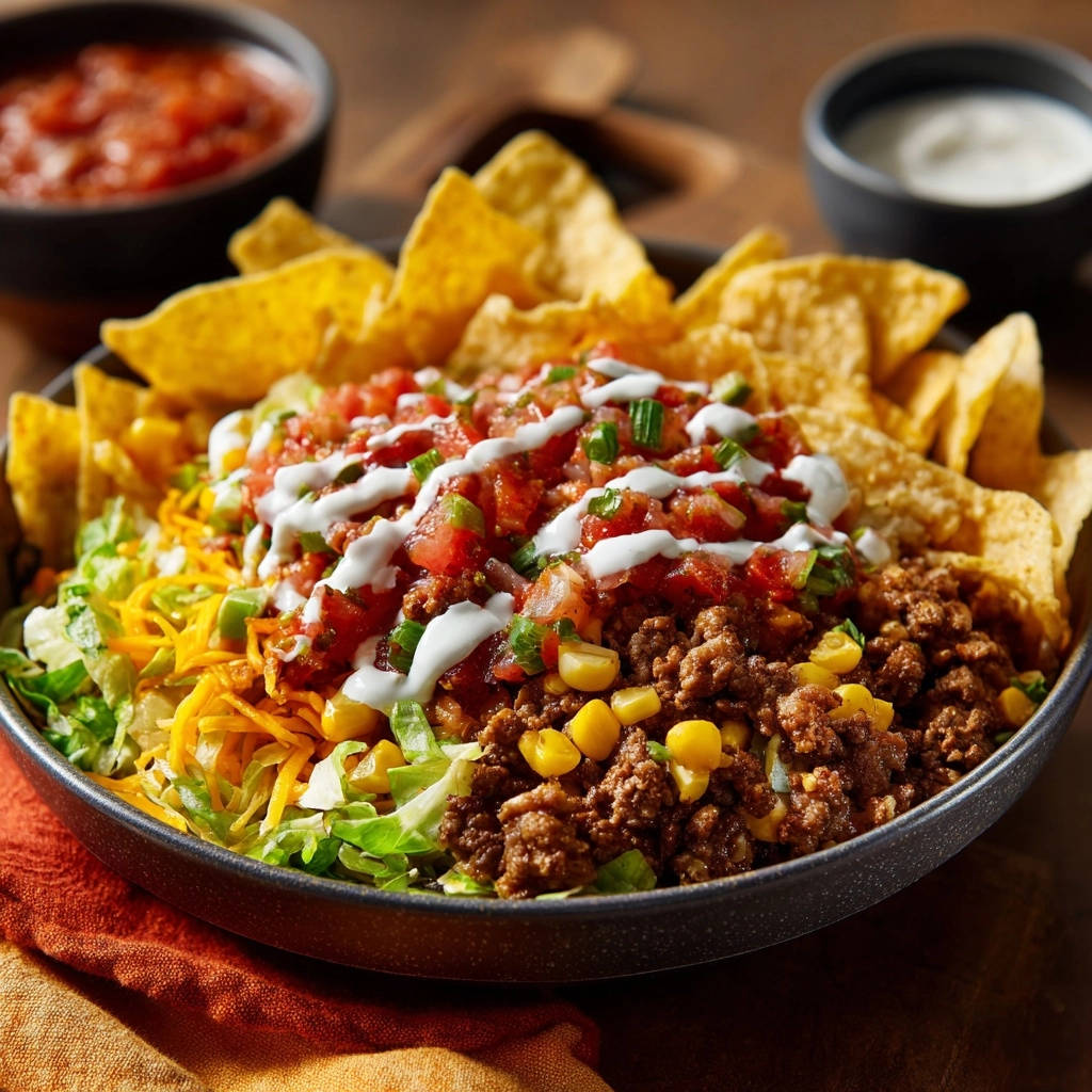 Loaded taco salad bowl featuring juicy beef and corn topped with seasoned salsa and crema, surrounded by tortilla chips.