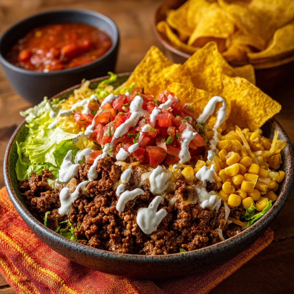 Loaded taco salad bowl featuring juicy seasoned beef, corn, salsa, and sour cream drizzle.