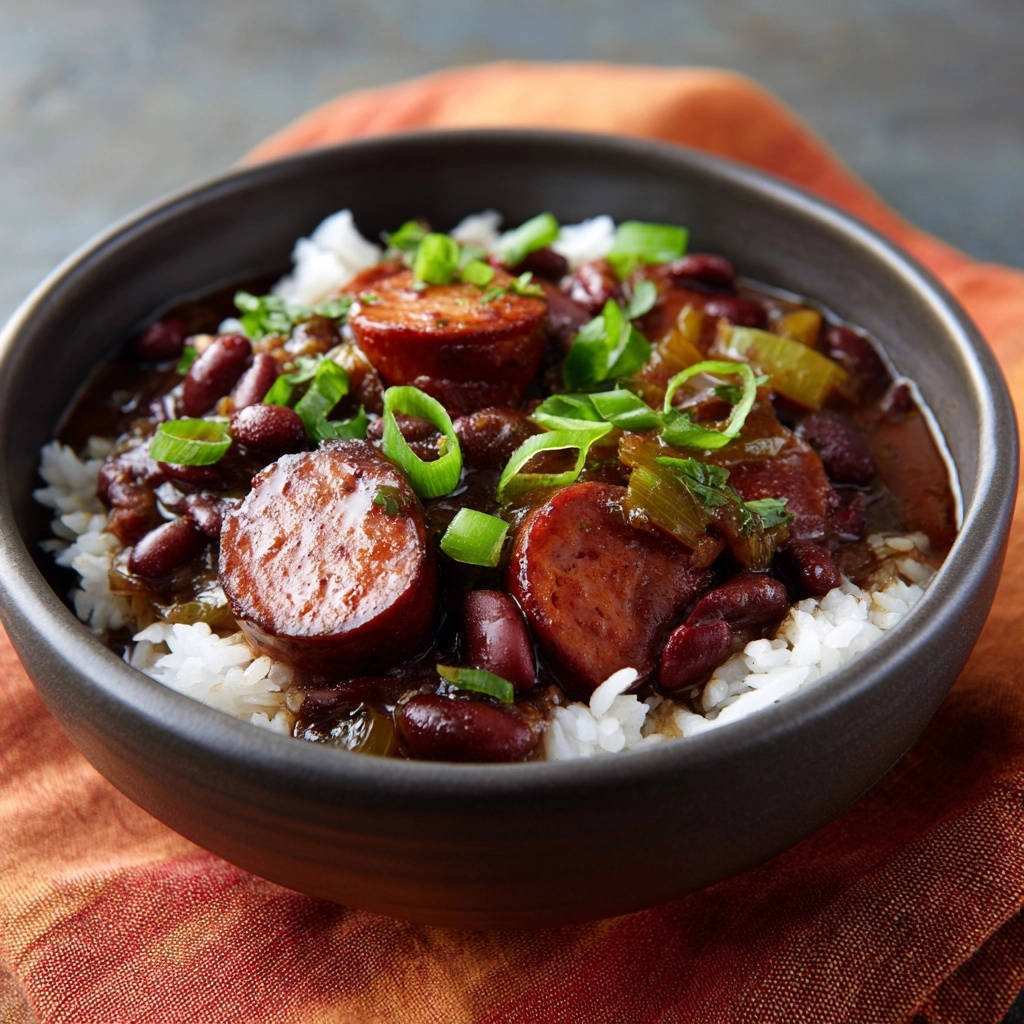 Louisiana smoked sausage and red beans served over white rice in a dark bowl, close-up view.