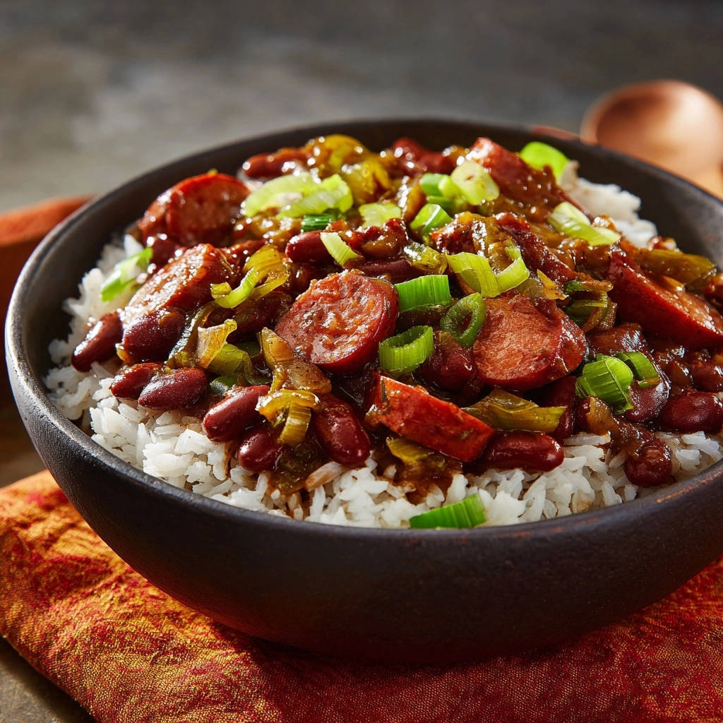 Louisiana smoked sausage and red beans in a dark bowl, served over white rice and garnished with green onions.