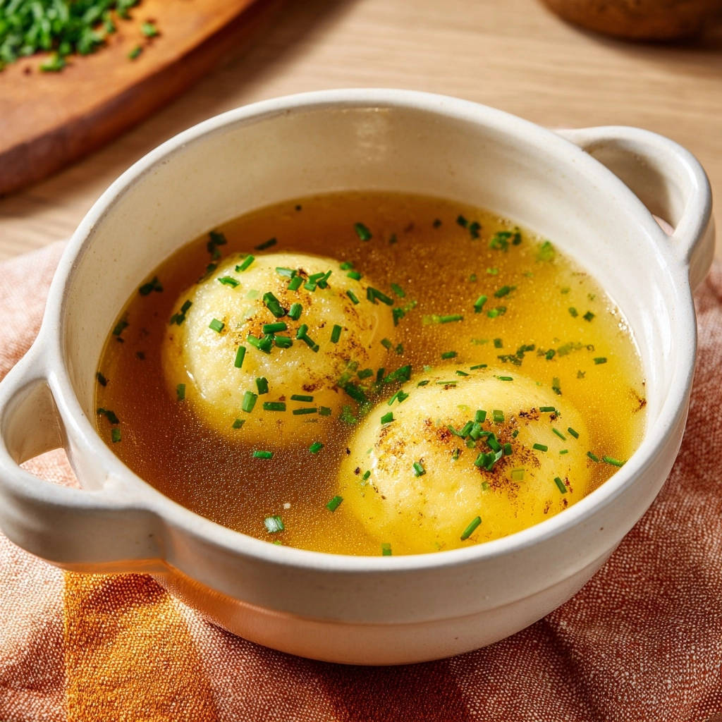 Classic Matzah Ball Soup with two fluffy matzah balls floating in golden broth and garnished with chives.