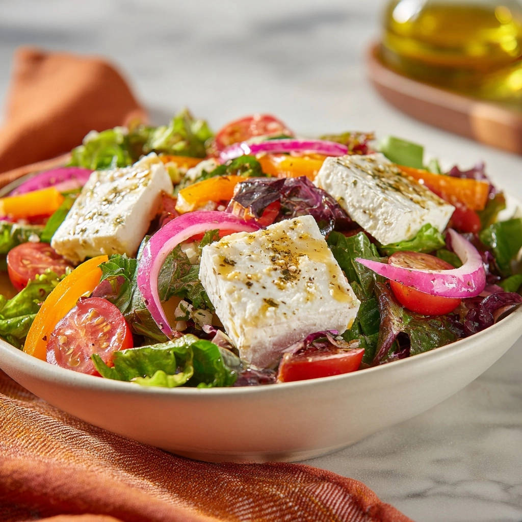 Mediterranean feta salad featuring large cubes of feta cheese and vibrant red onion slices in a close-up view.
