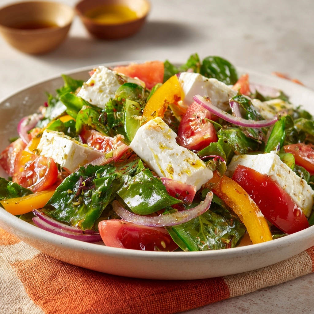 Mediterranean feta salad with cubes of feta cheese, red onion, and colorful bell peppers in a bowl.