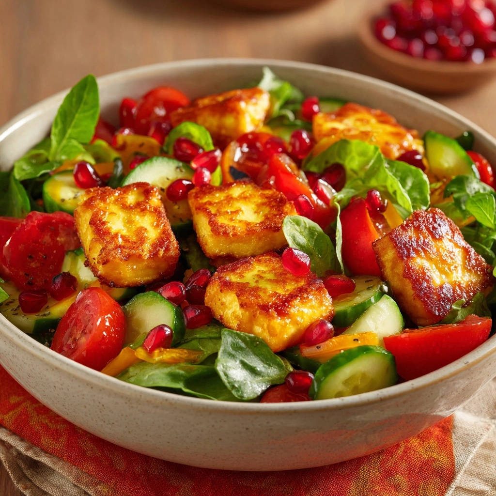 Mediterranean Halloumi Salad featuring golden, non-stick halloumi cheese cubes nestled amongst fresh vegetables and pomegranate seeds.