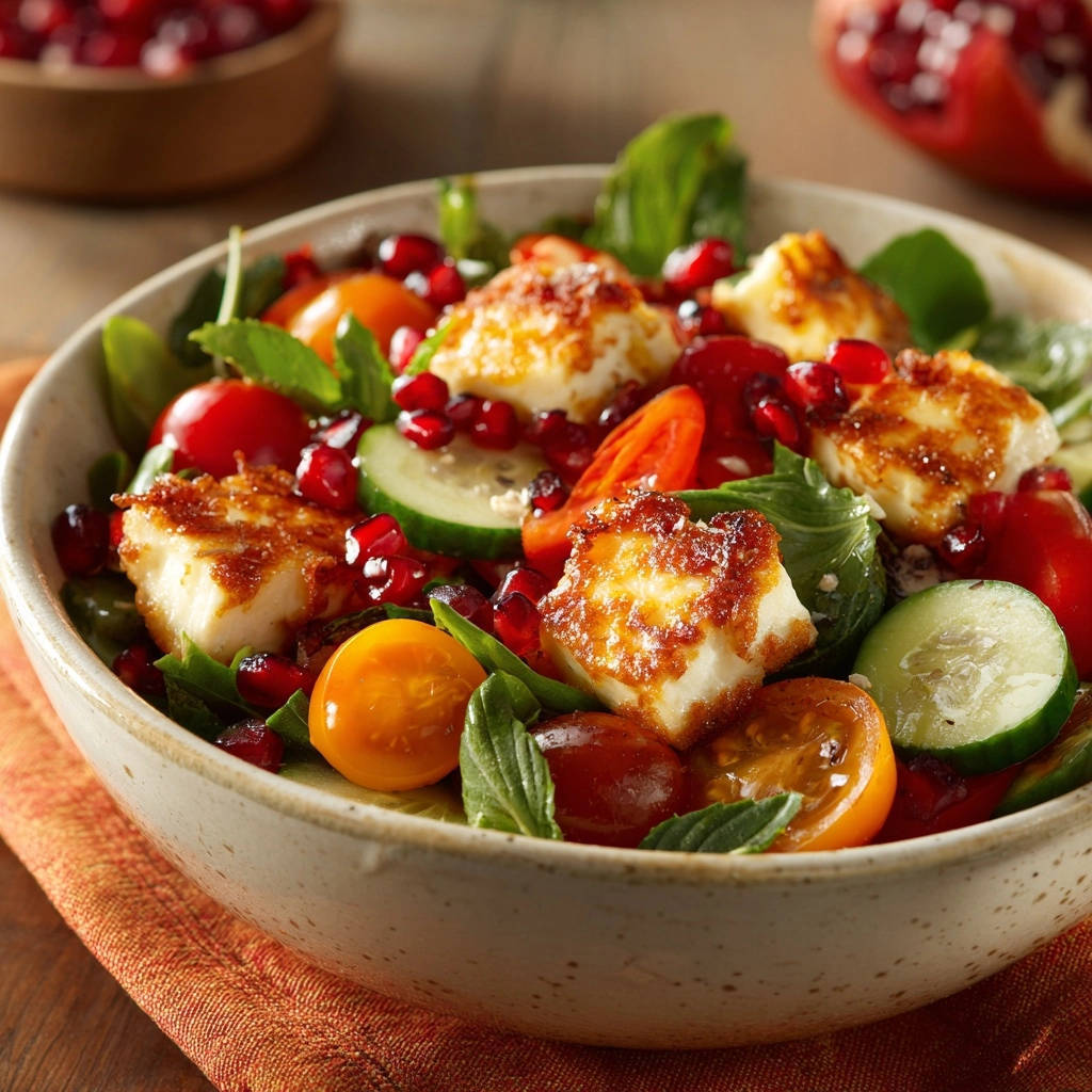Mediterranean Halloumi Salad featuring golden, pan-fried halloumi cheese cubes with fresh tomatoes and pomegranate seeds.