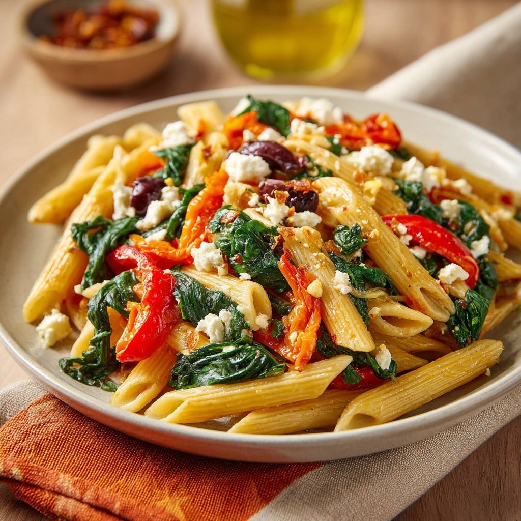 Mediterranean penne with spinach and feta, plated close-up showing pasta, greens, olives, and crumbled cheese.