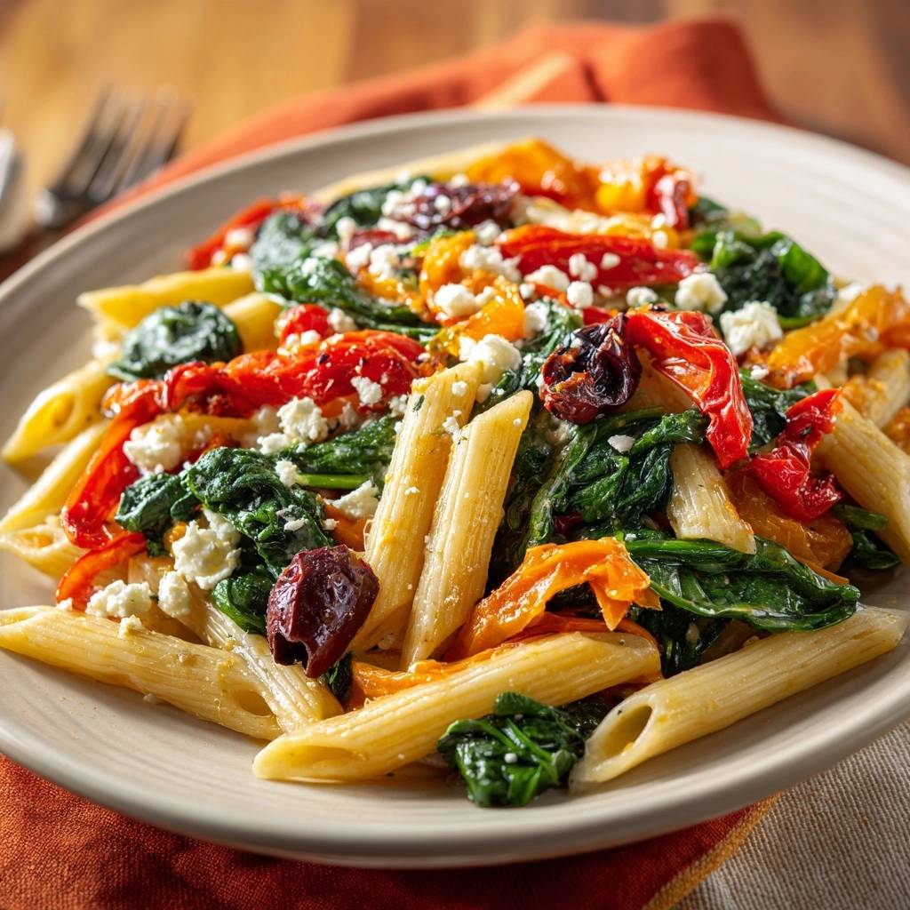 Mediterranean penne with spinach and feta cheese, a plated close-up of pasta with roasted peppers and olives.
