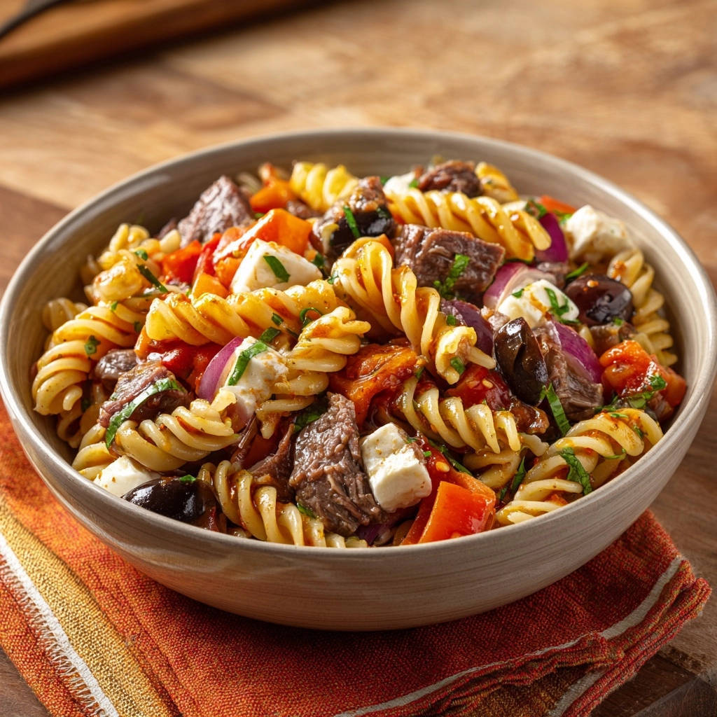 Mediterranean steak and pasta salad in a bowl, featuring fusilli pasta, steak, olives, and mozzarella cheese.