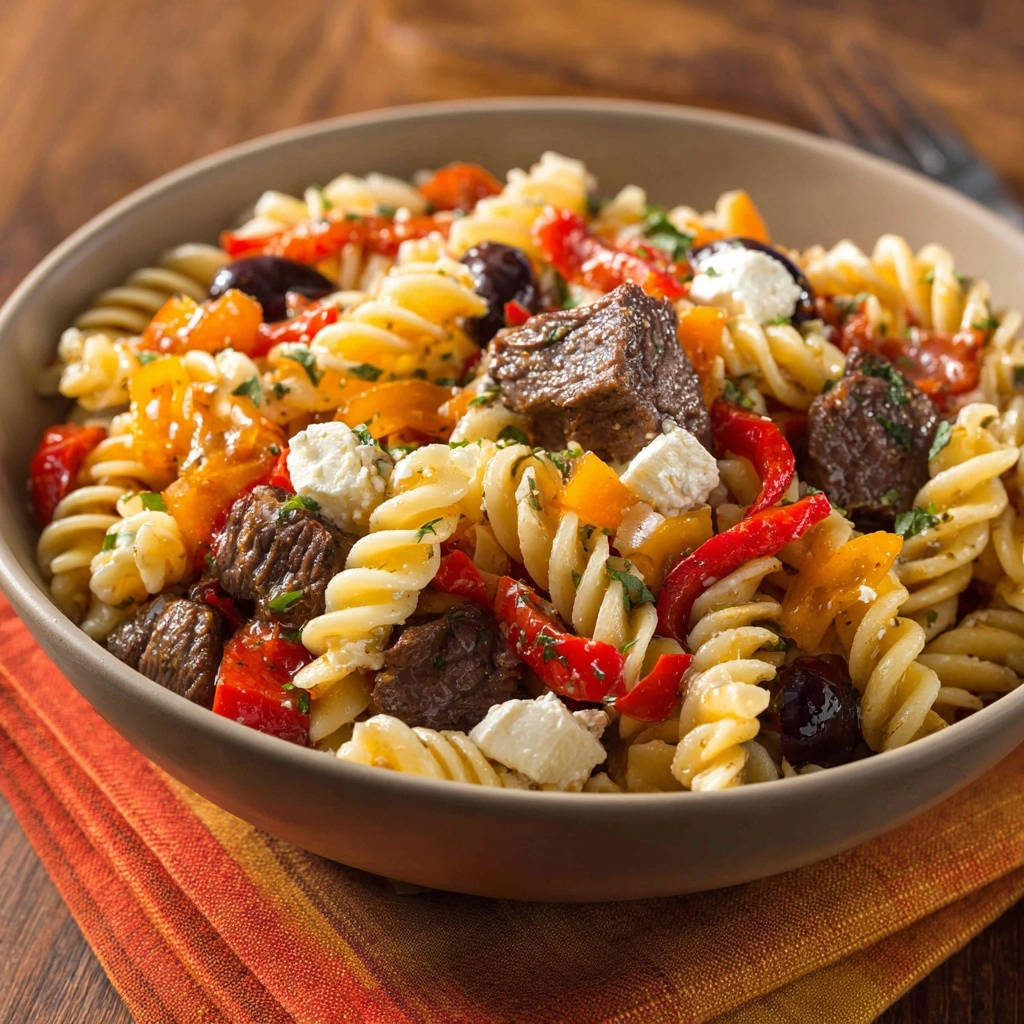 Mediterranean steak and pasta salad served in a rustic bowl, featuring fusilli pasta, tender steak, bell peppers, olives, and feta.
