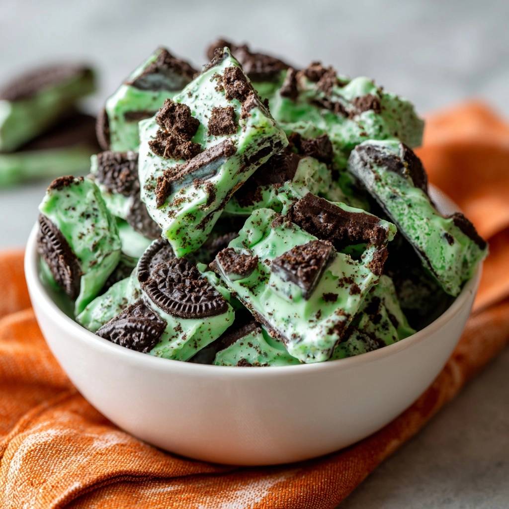 Mint Oreo bark with a perfect snap piled high in a white bowl, showcasing crushed cookies and green chocolate.