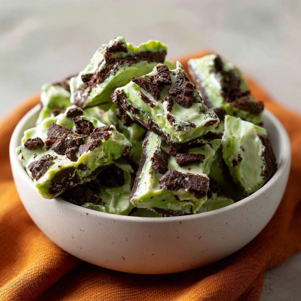 Mint Oreo Bark with perfect snap, shown in a close-up cross-section revealing layers of green mint and crushed Oreos.