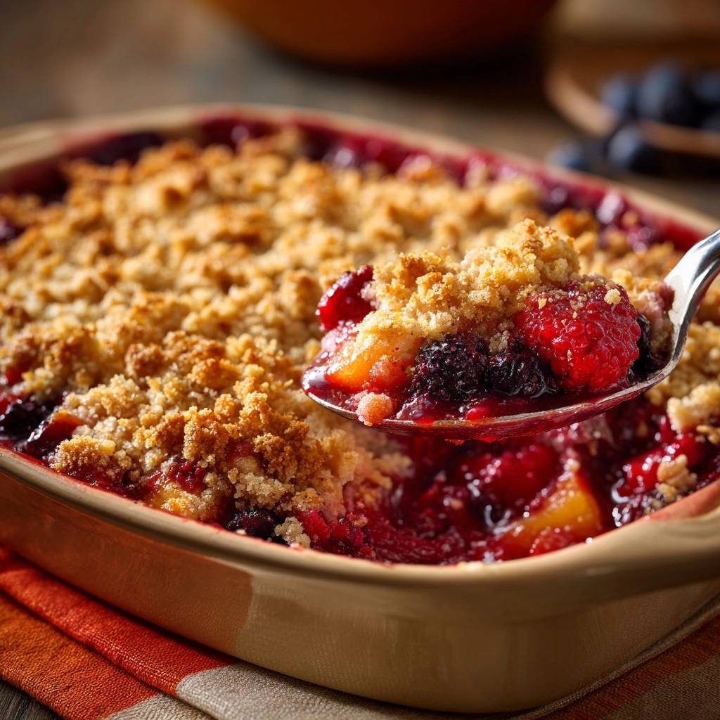 Mixed berry crisp with a spoonful showing the fruit and crispy topping texture.