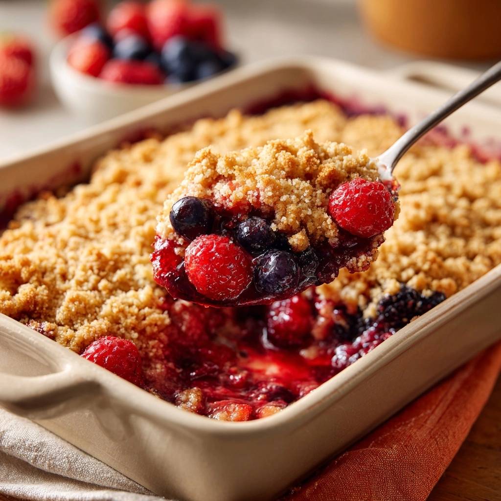 Mixed berry crisp with a spoon lifting a generous portion showing the bubbling fruit and crumb topping.