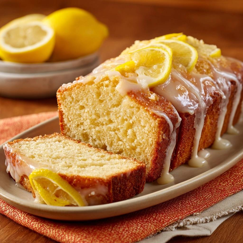 Moist lemon loaf with a drizzle of glaze and a slice cut to show the tender crumb.