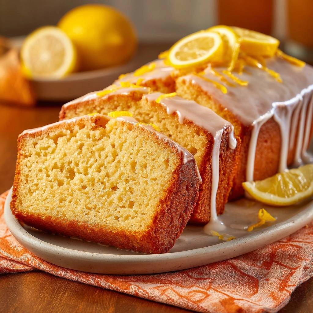 Moist lemon loaf sliced with glaze and lemon slices, showing its tender crumb and drizzled topping.