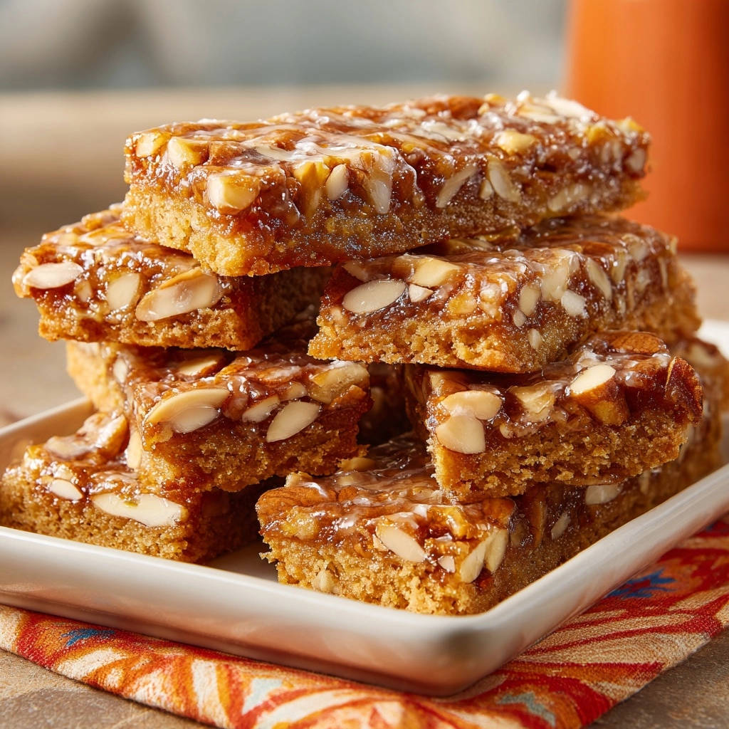 Classic nutty caramel bars stacked in a close-up view, showcasing their gooey topping and sliced almonds.