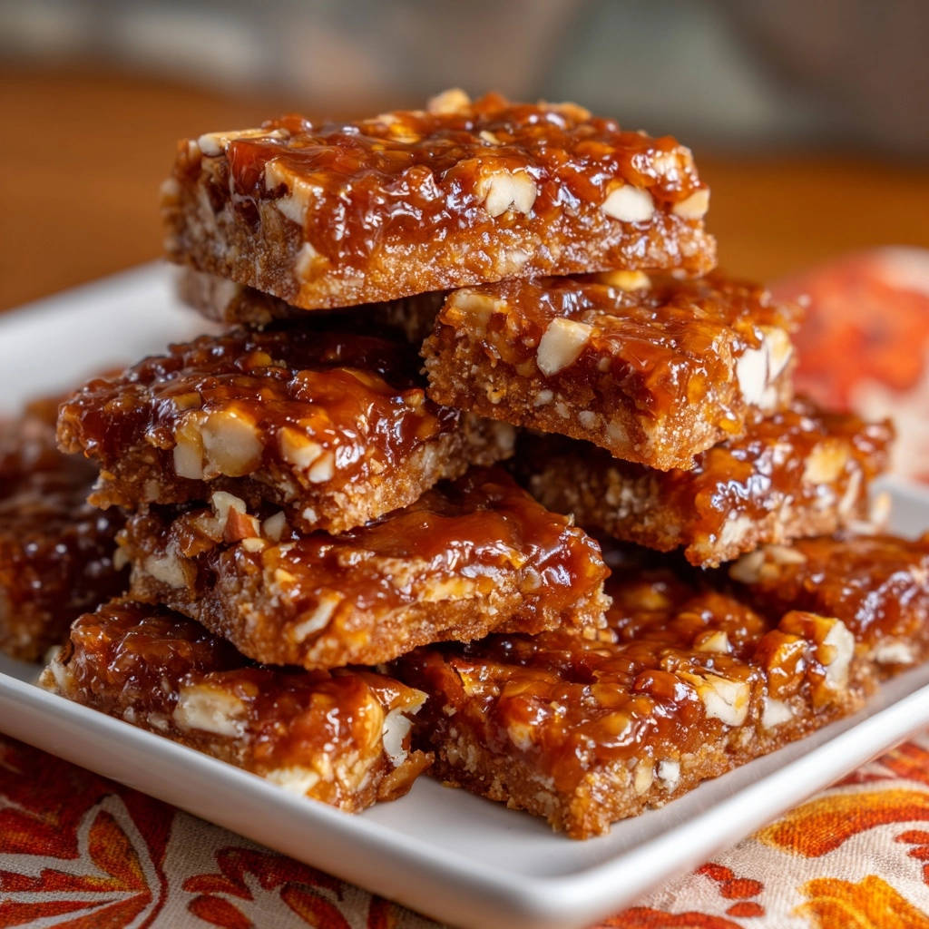 Classic nutty caramel bars stacked high on a white plate with a gooey, toffee-like topping.