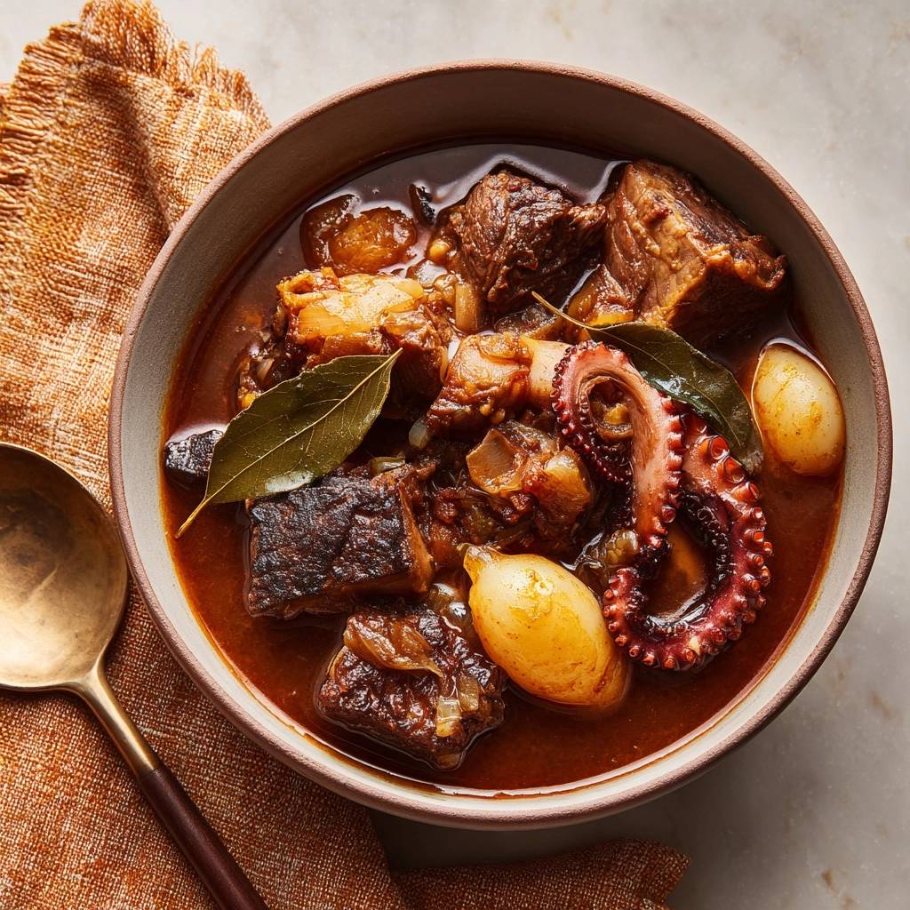 Octopus and beef stew in a rustic bowl with a brass spoon, featuring tender chunks of meat and octopus tentacles.