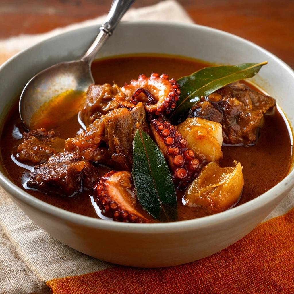 Octopus and beef stew served in a close-up bowl with bay leaves and tender meat.