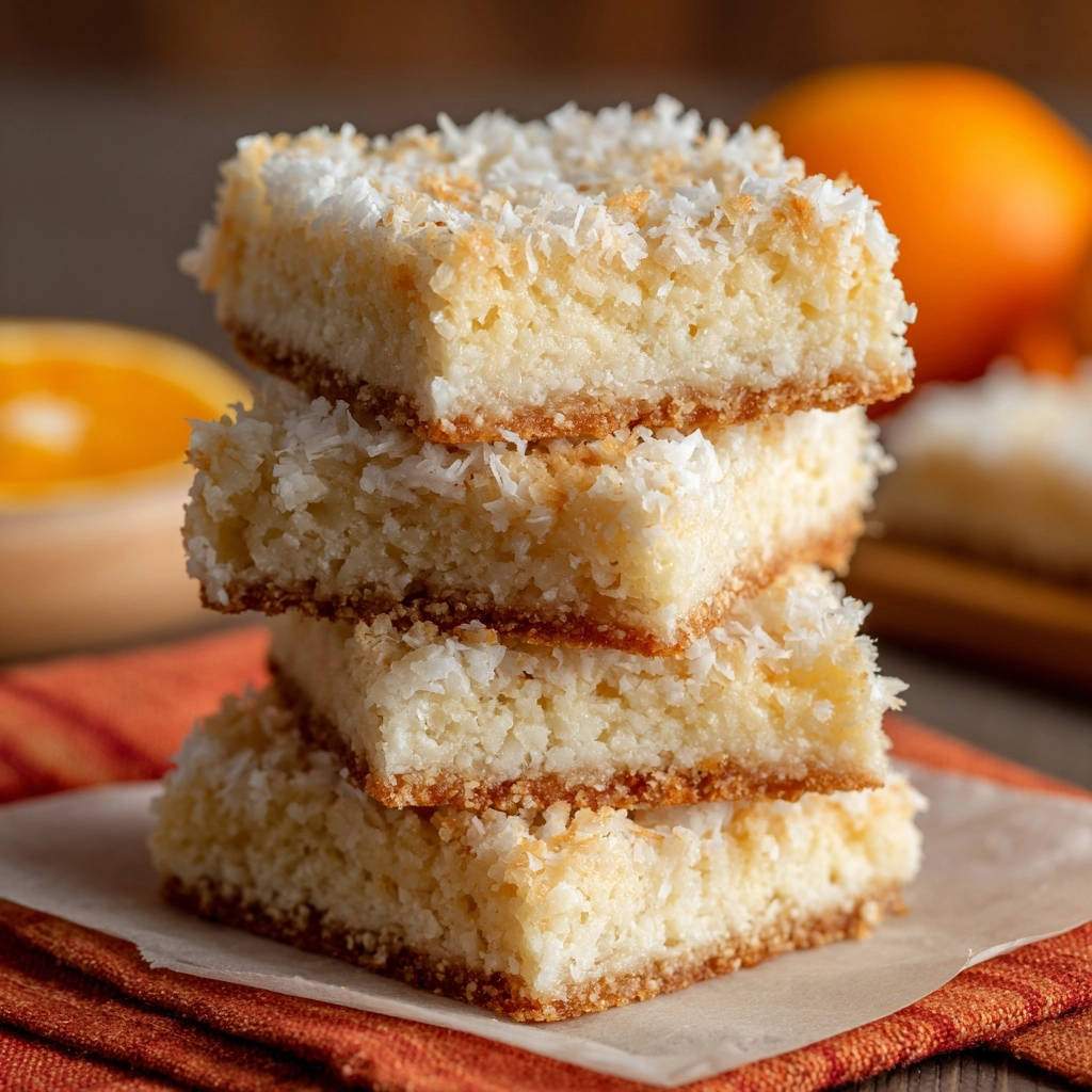 Ultra moist orange coconut squares stacked, showing the tender interior and crumbly base.