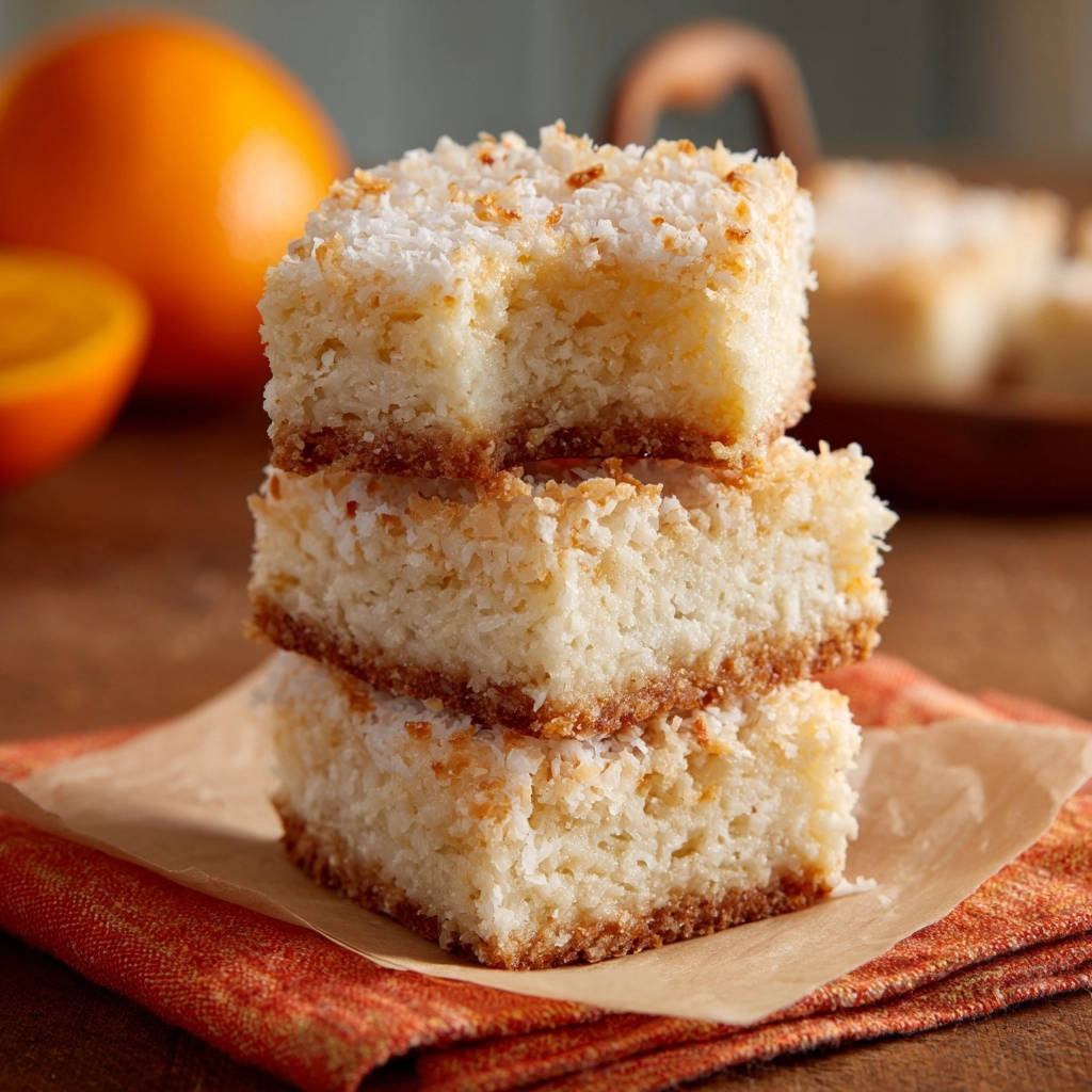 Ultra moist orange coconut squares shown in a stacked cross-section, revealing their tender interior texture.