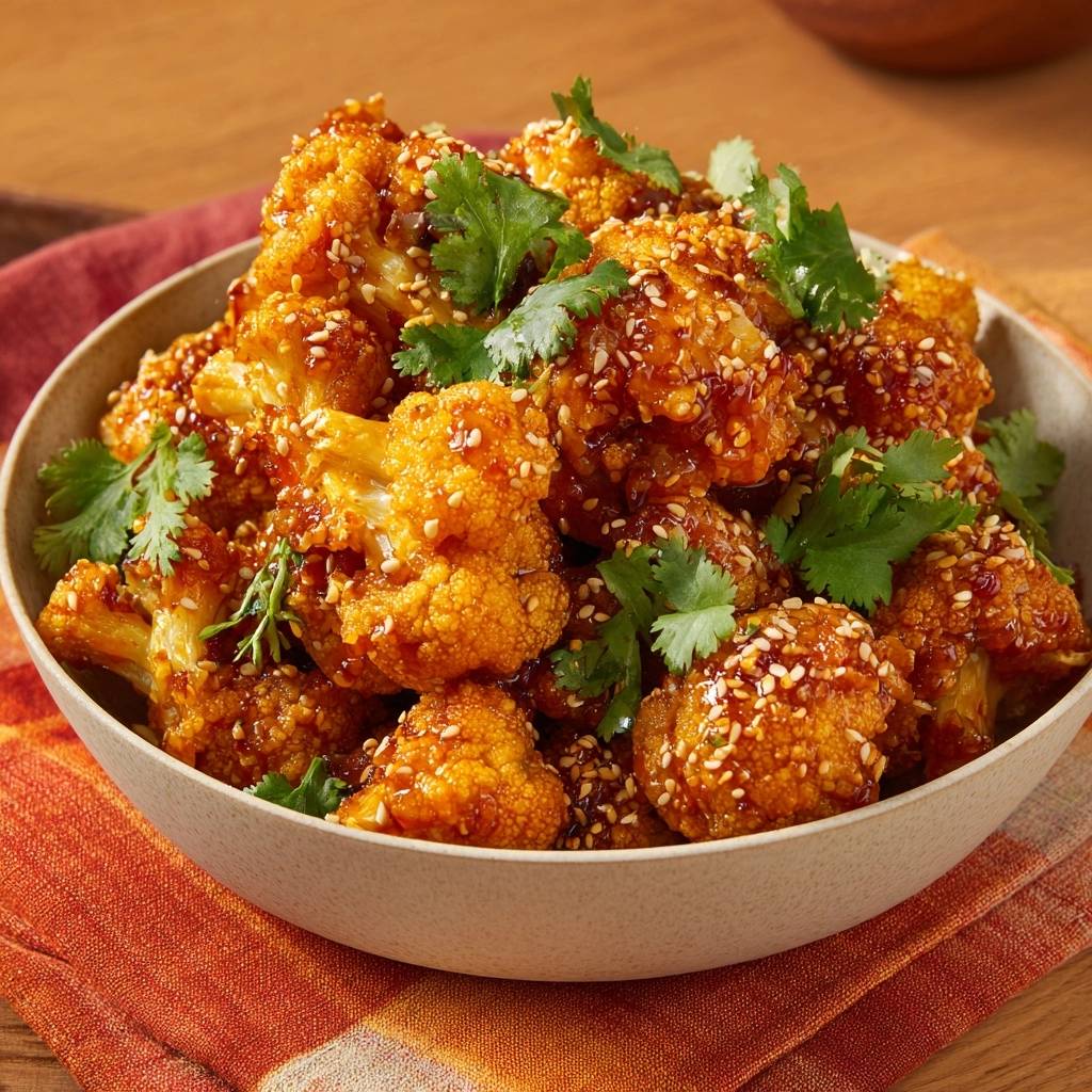 Crispy orange sesame cauliflower served in a bowl, generously coated in glaze and sprinkled with sesame seeds and fresh cilantro.
