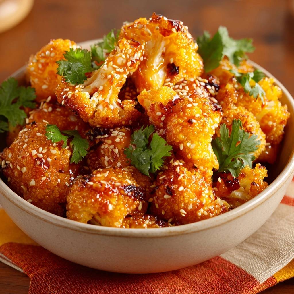 Crispy orange sesame cauliflower served in a bowl, generously sprinkled with sesame seeds and garnished with fresh cilantro.