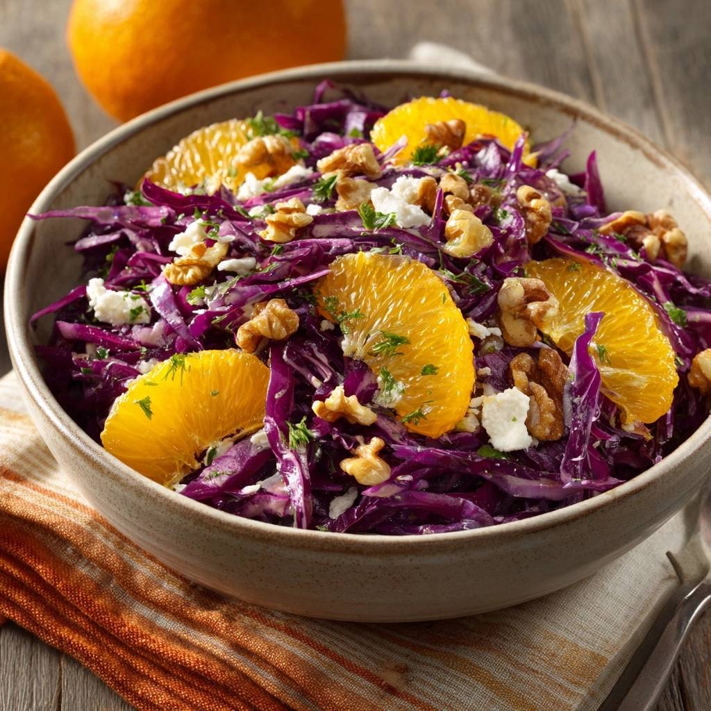 Orange Walnut Feta Red Cabbage Slaw served in a bowl, showcasing a close-up detail of sliced oranges, crumbled feta, and walnuts.