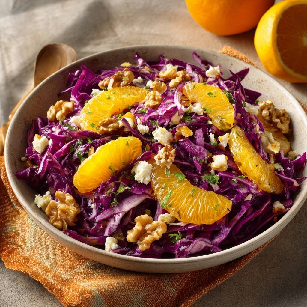 Orange Walnut Feta Red Cabbage Slaw served in a rustic bowl, presented with a vibrant overhead view.
