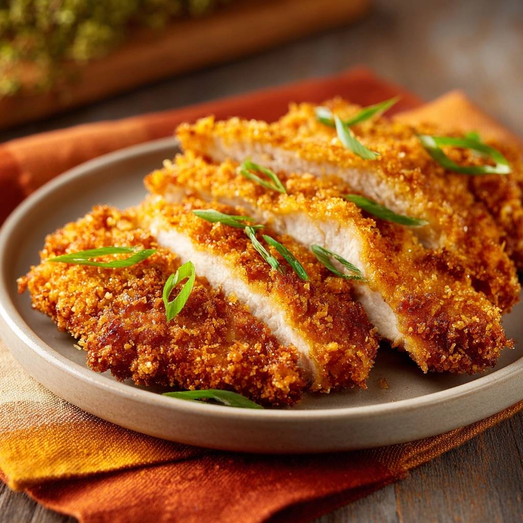 Crispy panko chicken tenders sliced to reveal a juicy cross-section, garnished with fresh green onions.