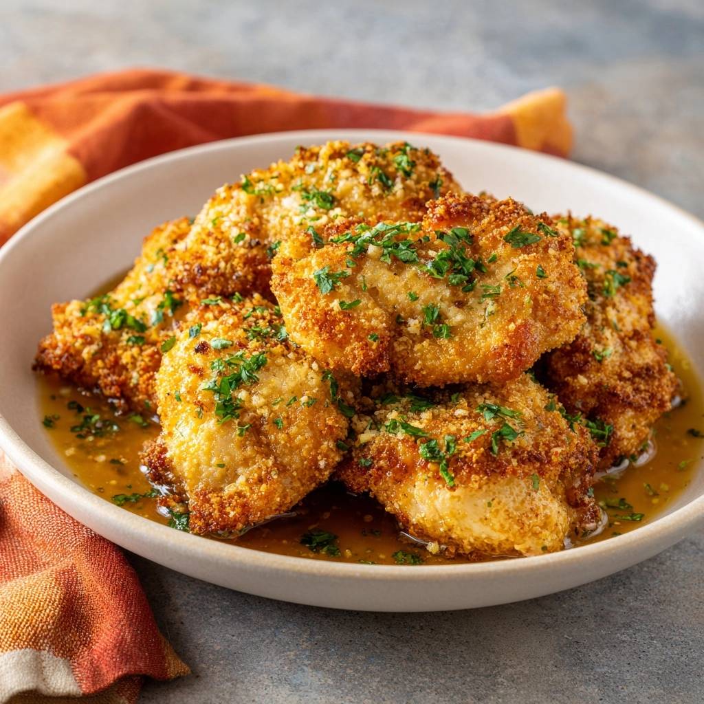 Panko-crusted honey garlic chicken served in a bowl with a fresh parsley garnish and savory sauce.