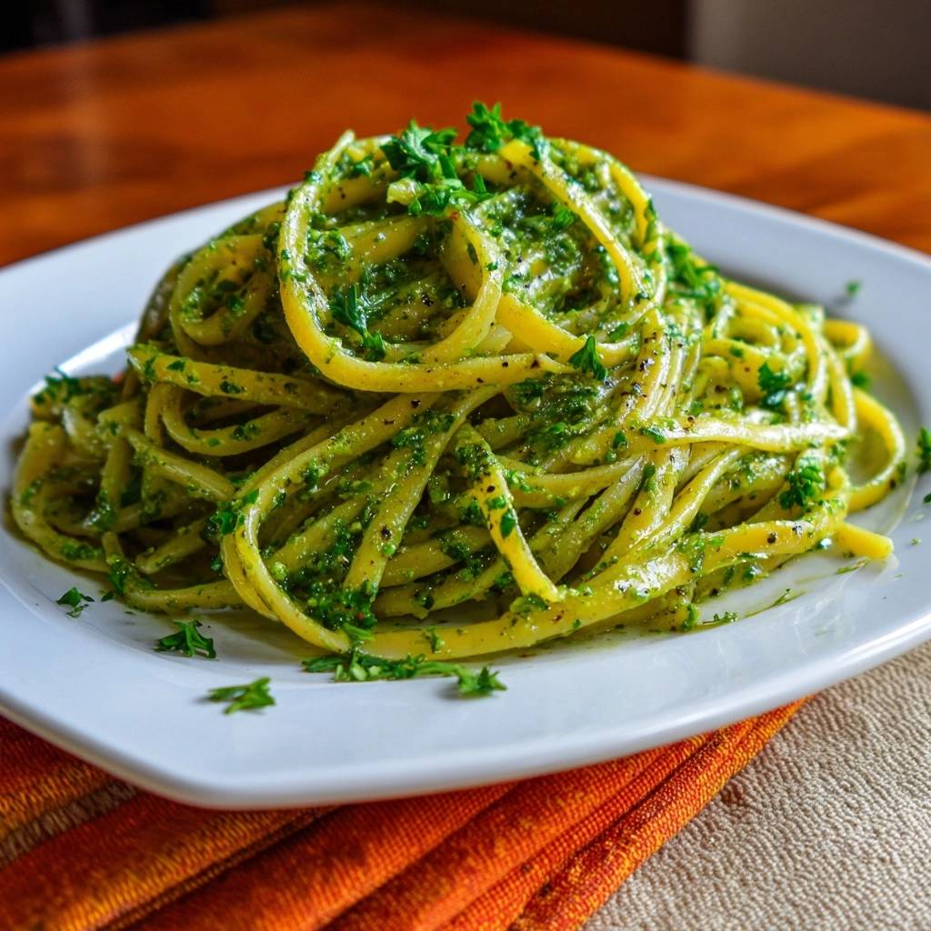 Silky parsley pesto pasta plated close-up with a vibrant green emulsified sauce and fresh parsley garnish.