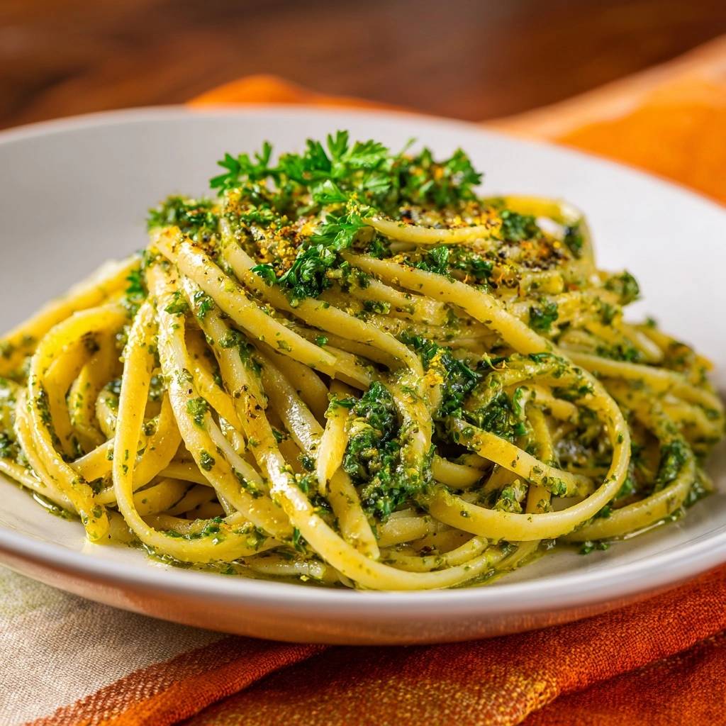 Silky parsley pesto pasta plated close-up, showcasing the emulsified sauce clinging to strands of linguine.
