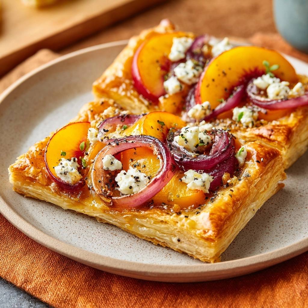 Peach blue cheese puff pastry tart served as a plated slice, showcasing flaky pastry and fresh toppings.