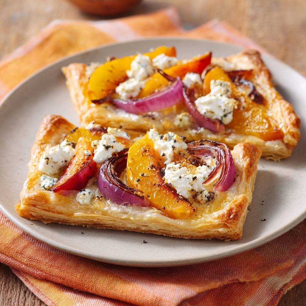 Peach blue cheese puff pastry tart recipe shown as two individual servings plated on a light grey plate.