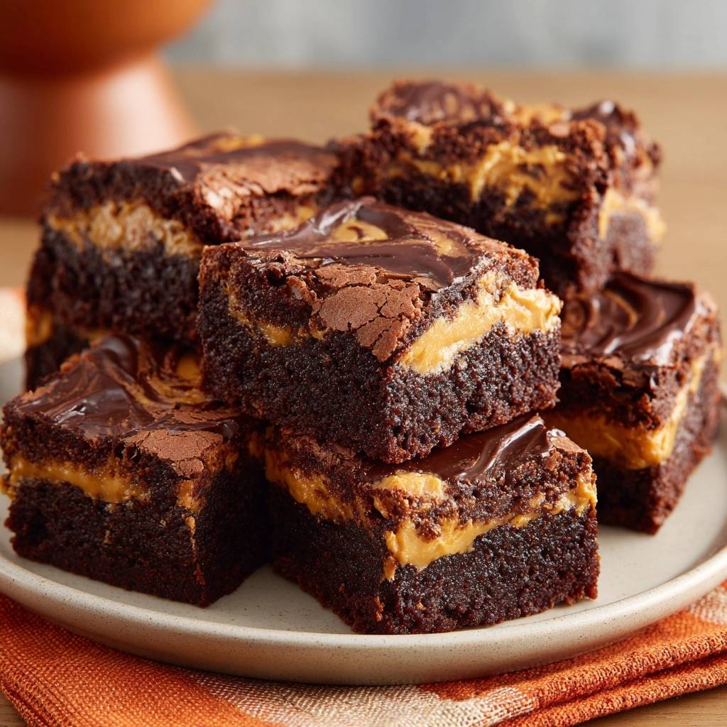 Peanut butter swirl brownies with no-sink layers shown in a close-up cross-section revealing the distinct peanut butter layer.
