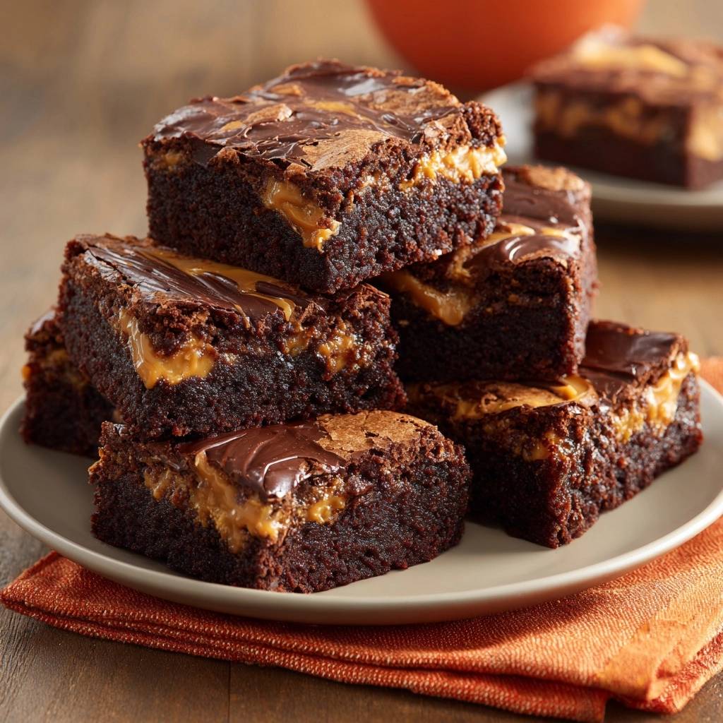 Peanut butter swirl brownies with no-sink layers stacked on a plate, showcasing their rich chocolate and caramel filling.