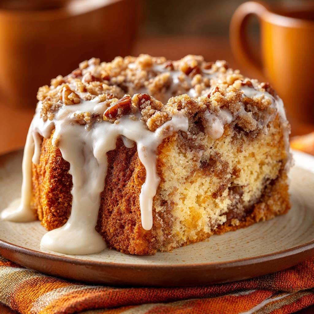 Pecan Cinnamon Crumb Cake with No-Sink Streusel, shown as a close-up slice revealing the crumbly interior and drizzled glaze.